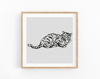 Schema per punto croce di un gatto, ricamo monocromatico a un colore (download in PDF)