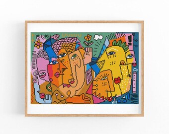 Abstract Cross Stitch Pattern, Love Modern x-stitch Chart, Colorful Concept Art, Instant Download PDF