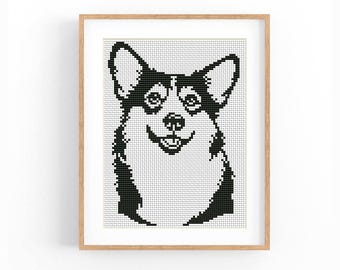 Welsh Corgi Cross Stitch Pattern, Pembroke Dog Portrait Chart, Monochrome Beginner Friendly, Instant Download Digital File