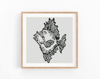 Ornamental Fish Cross Stitch Pattern, Blackwork Nautical Hoop Art, PDF Download