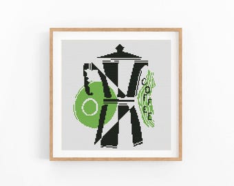 Wzór haftu krzyżykowego „Kawiarka” – nowoczesna sztuka kuchenna (do pobrania w formacie PDF)