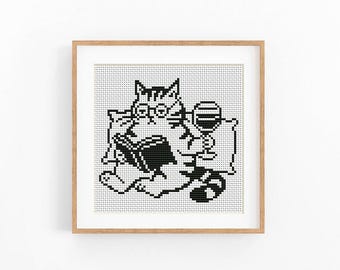 Cat Reading Book Cross Stitch Pattern, Glasses Cat With Wine, Monochrome Beginner Friendly, Instant Download Digital File