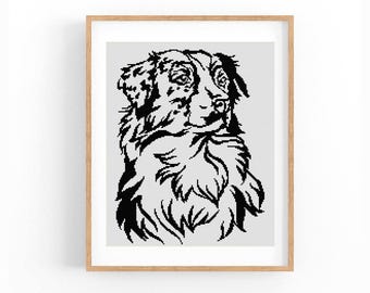 Australian Shepherd Dog Portrait Cross Stitch Pattern, One Color Modern XStitch Chart, Instant Download PDF