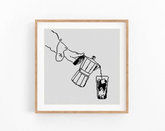 Wzór haftu krzyżykowego „Kawiarka” – nowoczesna sztuka kuchenna (do pobrania w formacie PDF)