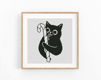 Cat with Candy Cane Cross Stitch Pattern, Funny Black Cat Christmas Chart, Modern Holiday Decor, Beginner Friendly, Instant Download PDF
