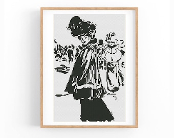 Henry Somm Lady in Cape Cross Stitch Pattern, Art Nouveau Silhouette Portrait, PDF Download