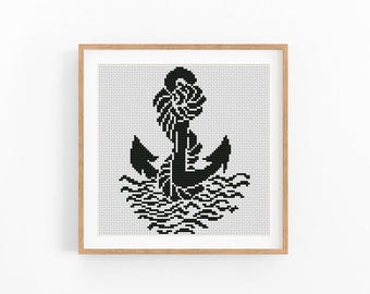 Anchor Cross Stitch Pattern, Nautical Mini Embroidery PDF, Minimalist Ocean Decor, Monochrome Sketch Style, Coastal Cross Stitch