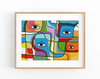 Abstract Cross Stitch Pattern, Love Modern x-stitch Chart, Colorful Concept Art, Instant Download PDF
