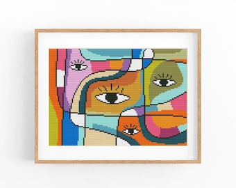 Abstract Cross Stitch Pattern, Love Modern x-stitch Chart, Colorful Concept Art, Instant Download PDF