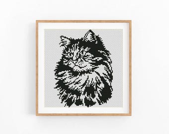 Siberian Cat Side Profile Cross Stitch Pattern, Fluffy Forest Cat Chart, Monochrome Beginner Friendly, Instant Download Digital File
