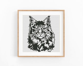 Maine Coon Cat Tilted Head Portrait Cross Stitch Pattern, Kitten Design, Beginner Friendly, Instant Download, Digital File
