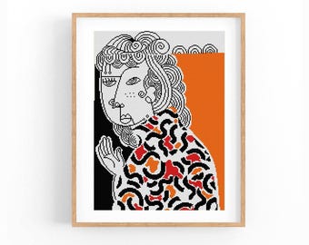 Patrón de punto de cruz de retrato abstracto, gráfico de punto de cruz moderno, arte conceptual colorido, descarga instantánea en PDF.