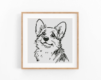 Pembroke Welsh Corgi Portrait Cross Stitch Pattern, Smiling Dog Looking Up, One Color Wall Decor, Beginner Friendly, Instant Download PDF