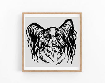 Papillon Dog Portrait Cross Stitch Pattern, One Color Modern XStitch Chart, Instant Download PDF