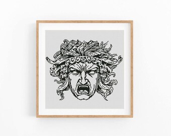 Angry Face Monochrome Cross Stitch Pattern, Mythological Portrait Chart, Wild Hair Wall Art, Beginner Friendly, Instant Download PDF
