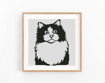 Ragdoll Cat Cross Stitch Pattern Chubby Feline Front Portrait Monochrome No AI X-Stitch Instant Download Digital File
