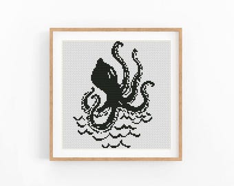Octopus Cross Stitch Pattern, Black and White Tentacles Chart, Ocean Waves Nautical Decor, Pattern Keeper Compatible, Instant Download PDF
