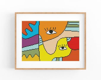 Abstract Cross Stitch Pattern, Love Modern x-stitch Chart, Colorful Concept Art, Instant Download PDF