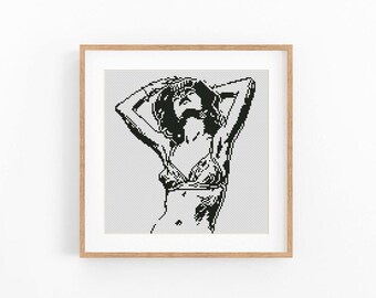 Female Portrait Cross Stitch Pattern, Summer Girl Embroidery PDF, Woman in Hat Swimsuit Xstitch Chart, Minimalist Sketch Design