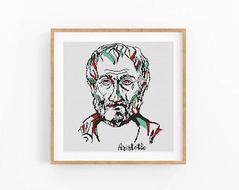 Aristotle Cross Stitch Pattern, Greek Philosopher Portrait Chart, Black Teal and Red Wall Decor, Beginner Friendly, Instant Download PDF