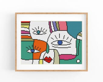 Abstract Cross Stitch Pattern, Colorful Modern x-stitch Chart, Vibrant Concept Art, Instant Download PDF