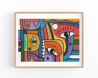 Abstract Cross Stitch Pattern, Colorful Modern x-stitch Chart, Vibrant Concept Art, Instant Download PDF