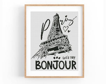 Schema per punto croce della Torre Eiffel di Parigi, paesaggio urbano monocromatico (download in PDF)