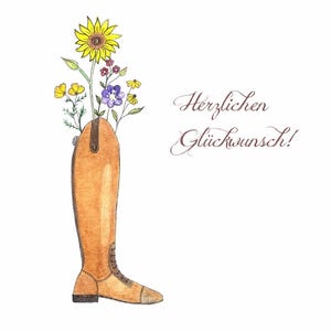 Handgetekende felicitatiekaart voor een paardenshow, toernooisucces of verjaardag. Elegante rijlaars met bloemenmotief.