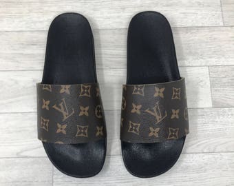 CUSTOM Louis Vuitton (reworked) Slides | Sliders | Flip Flop | Sandals | Beach Wear - Monogram - Handmade (LIMITED)