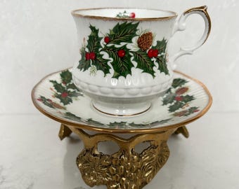 Yuletide (Scalloped) by Rosina - Queen’s Fine Bone China, Footed Tea Cup and Saucer, Vertical Ribbing, Made in England