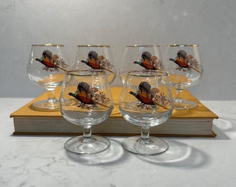 Pheasant Snifter Set, 6 Gold Rim Brandy Glasses, Collectible Barware, Rustic Lodge Bar Decor, Grandpacore