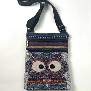 Sac hibou tapisserie tissée, sac à bandoulière bohème paysan, mini sac bohème hippie, sac en tissu bohème sac en tissu tissé, sac bandoulière, petit sac hibou mignon