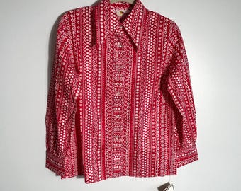 Vintage Koret Shirt Blouse 1970s Dagger Collar Seventies Disco Shirt Jagger Pointy Collar Size Large Geometric Flower Print New With Tags