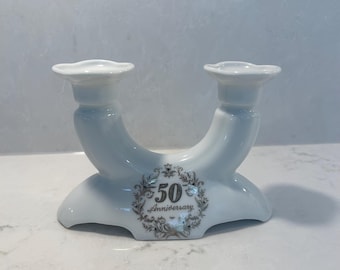 50th Anniversary Double Candlestick Holder, Vintage White and Gold Taper Candle Holder, Golden Anniversary Gift, Double Bud Vase, Lubiana