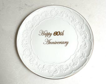60th Anniversary Plate, Elegant Scroll Edge, Gold Trim, 8.25" Vintage Decor