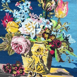 Completed Floral Needlepoint For Framed Picture, Chair Cover Cushion Pillow Large Finished Tapestry Cottagecore Flowers  Decor French Canvas