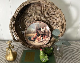 Vintage Farmhouse Chicken  Decor Bundle:  Brass Goose, Rooster Shakers, Chicken Plate,  Kitchen Vignette, Cottagecore