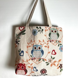 Sac fourre-tout en toile de coton hibou, sac hippie sac à main végétalien bohème, grand sac cabas en tissu solide, sac fourre-tout hibou avec fermeture éclair zéro déchet