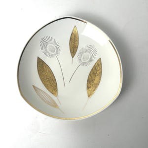 1950s Schumann Arzberg Bavaria Triangle Plate, MCM Gold Leaf & Flower Porcelain Dish, Footed Presentation Server, Made in Germany