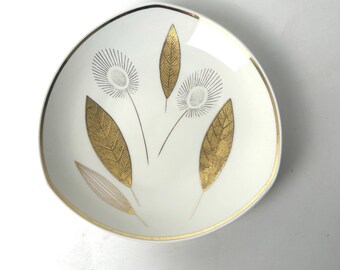 1950s Schumann Arzberg Bavaria Triangle Plate, MCM Gold Leaf & Flower Porcelain Dish, Footed Presentation Server, Made in Germany