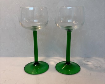 Vintage Luminarc Wine Glasses, Green Stemmed French Barware, Set of 2 from the 1960s