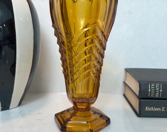 Amber Art Deco Glass Vase, George Davidson Style Chevron Pattern, Mid-Century Yellow Home Decor, Vintage Gold