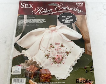 Bucilla 83293 Embroidery Peace on Earth Silk Ribbon, Angel Handkerchief Kit, 1995 Uncut Needlecraft, Christmas Heirloom Craft