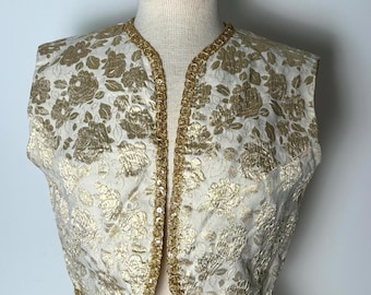 Vintage 1960s Brocade Shrug Vest: Silver, Gold & Cream Mod Cropped Jacket, Gold Metallic Brocade Bolero, Silver Gold Sleeveless Evening Top