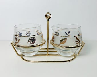 Vintage Libbey Golden Foliage Cream and Sugar Set with Chrome Caddy, MCM Glassware, Mid Century Modern  Table Decor 1960s