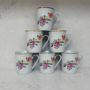 6 Rare GDR East German Coffee Mugs Graf Von Henneberg Ribbed White Porcelain,JL Menau Mid Century, German Democratic Republic