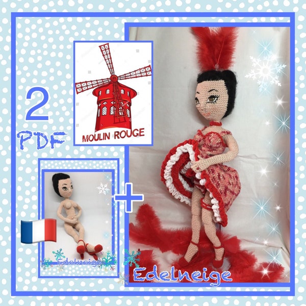 2 Tutoriels PDF amigurumi crochet, Corps Poupée + Vêtements French Cancan