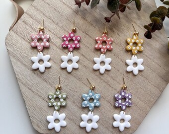 Daisy Pattern Color Block Dangle | Spring | Floral | Handmade Gifts | Hypoallergenic | Lightweight | Clay Earrings | Kalico Citten Designs