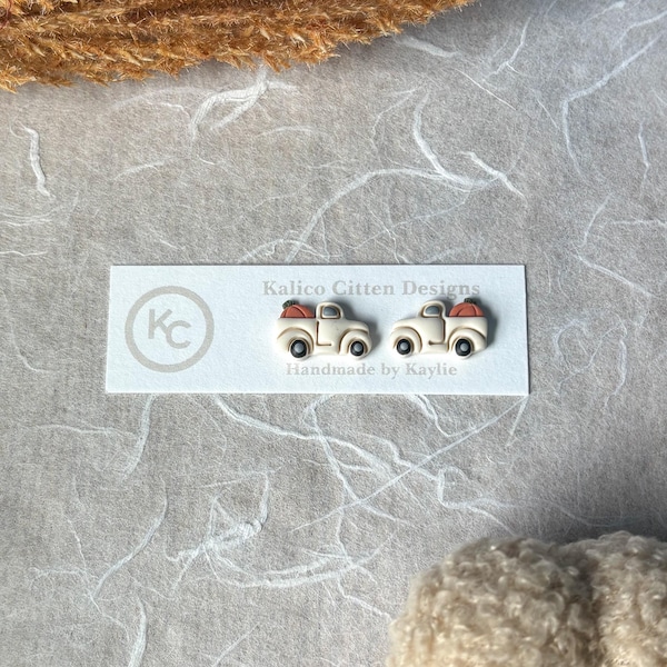 Vintage Truck with Pumpkin Stud | Fall | Autumn | Handmade Gifts | Hypoallergenic | Lightweight | Clay Earrings | Kalico Citten Designs