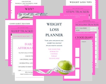 Weight loss journal,  lose weight with this, step by step, pink, 52 page, tracker/planner. All you need to reach your ideal weight.